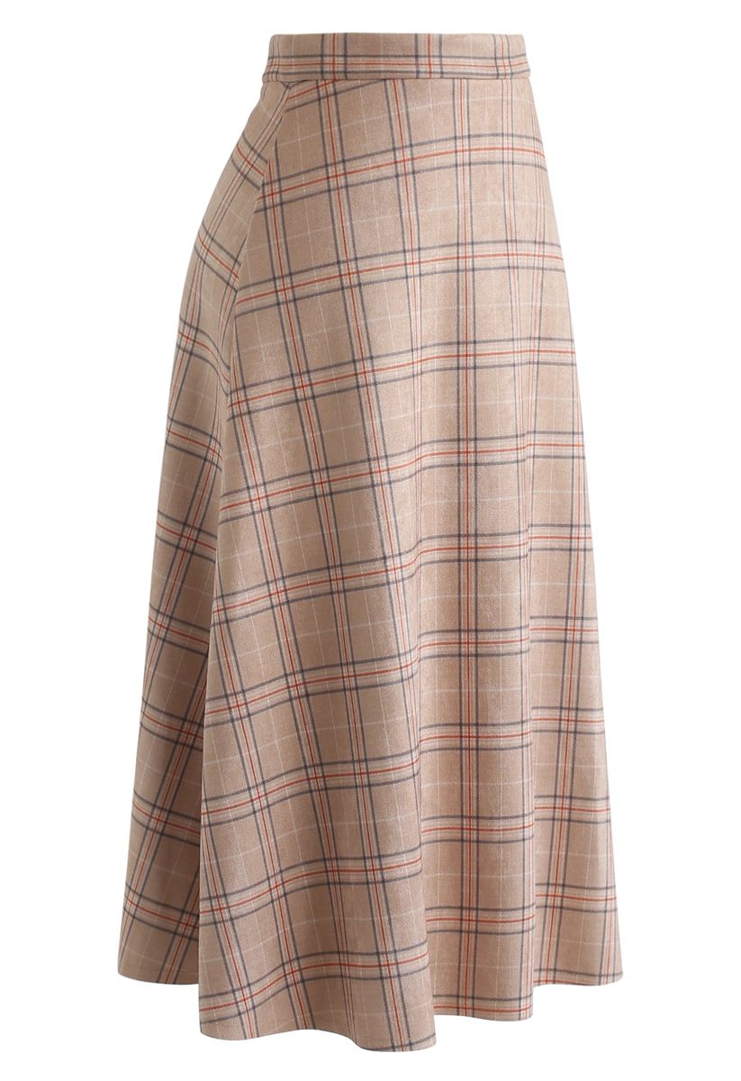 Plaid Faux Suede A-Line Midi Skirt in Tan