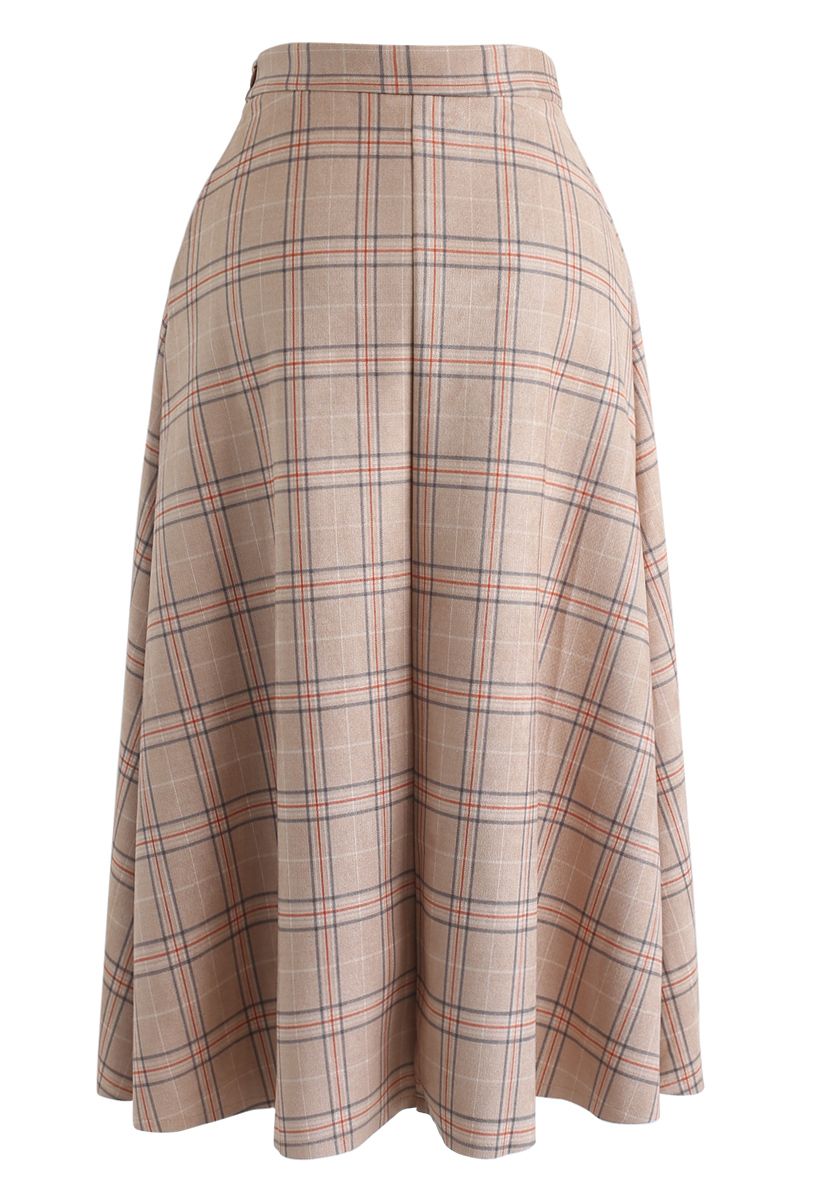 Plaid Faux Suede A-Line Midi Skirt in Tan