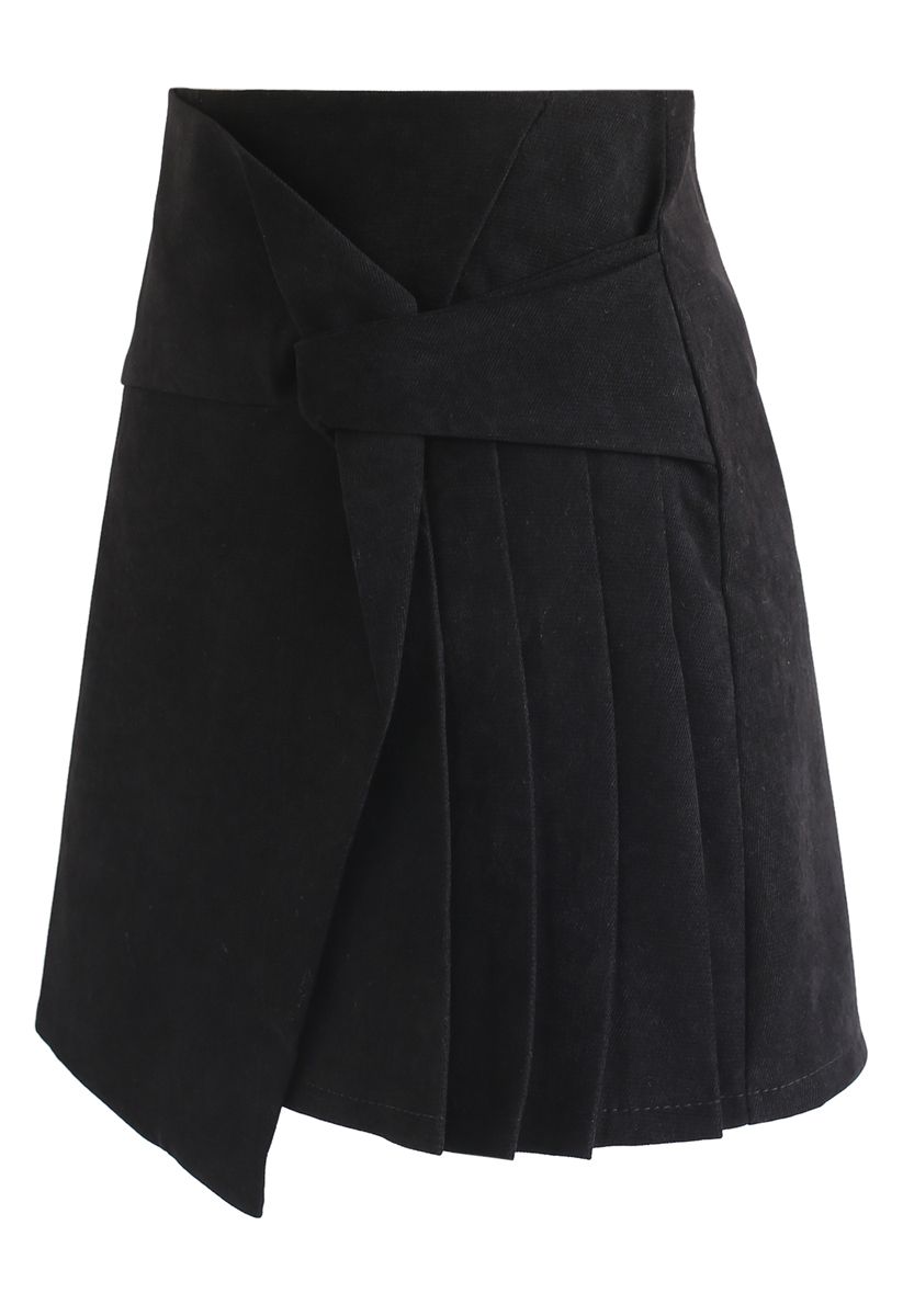 Flap Pleated Mini Skirt in Black