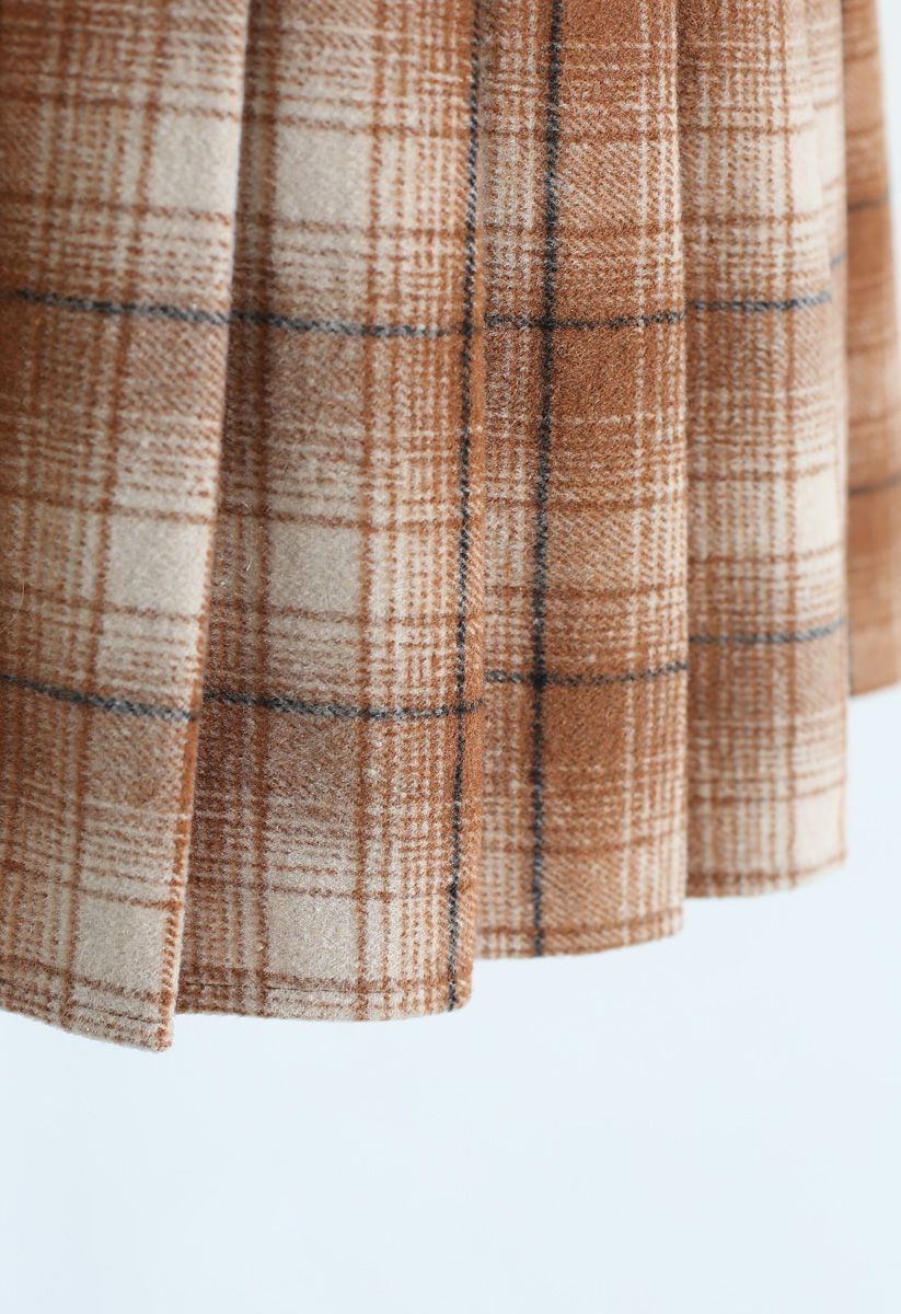 Plaid Pleated Wool-Blend Mini Skorts in Tan
