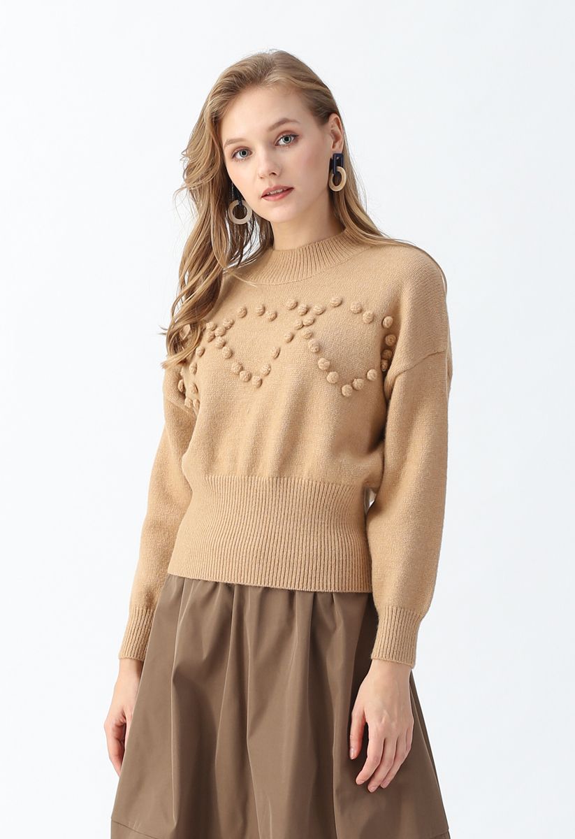 Pom-Pom Heart Knit Sweater in Tan
