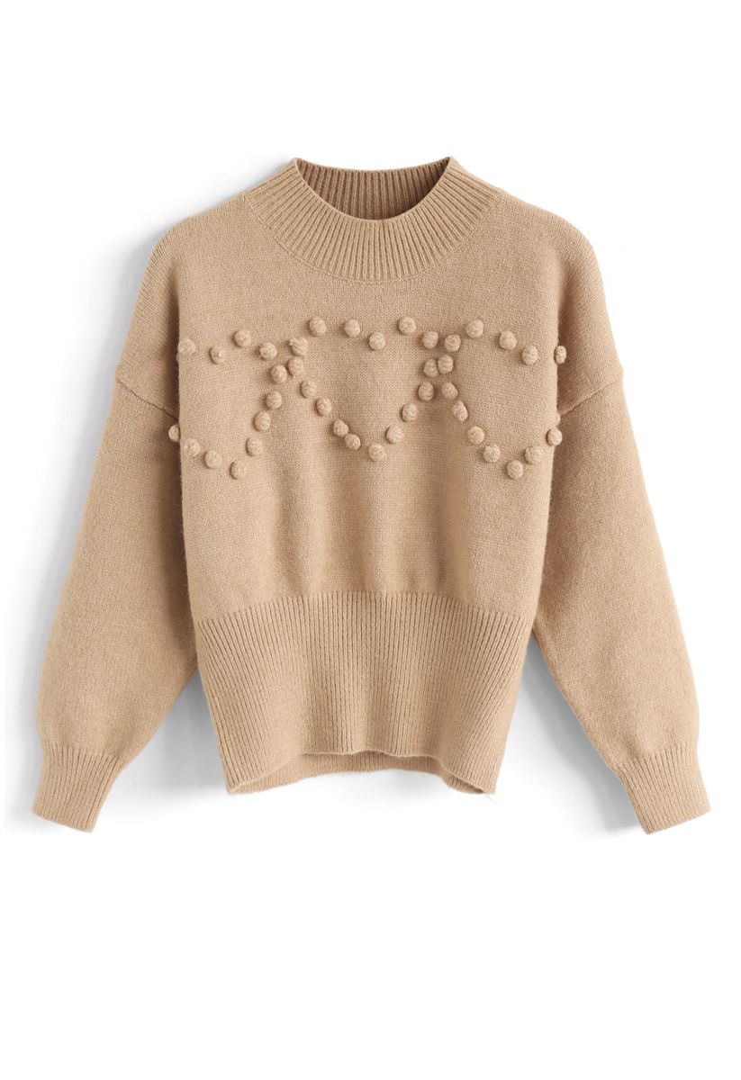 Pom-Pom Heart Knit Sweater in Tan