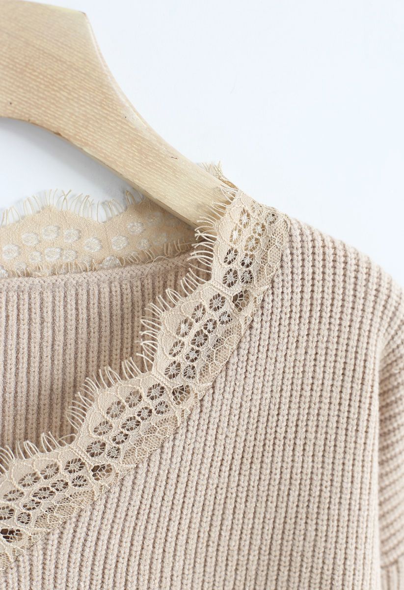 Lacy Neck Ribbed Knit Sweater in Light Tan