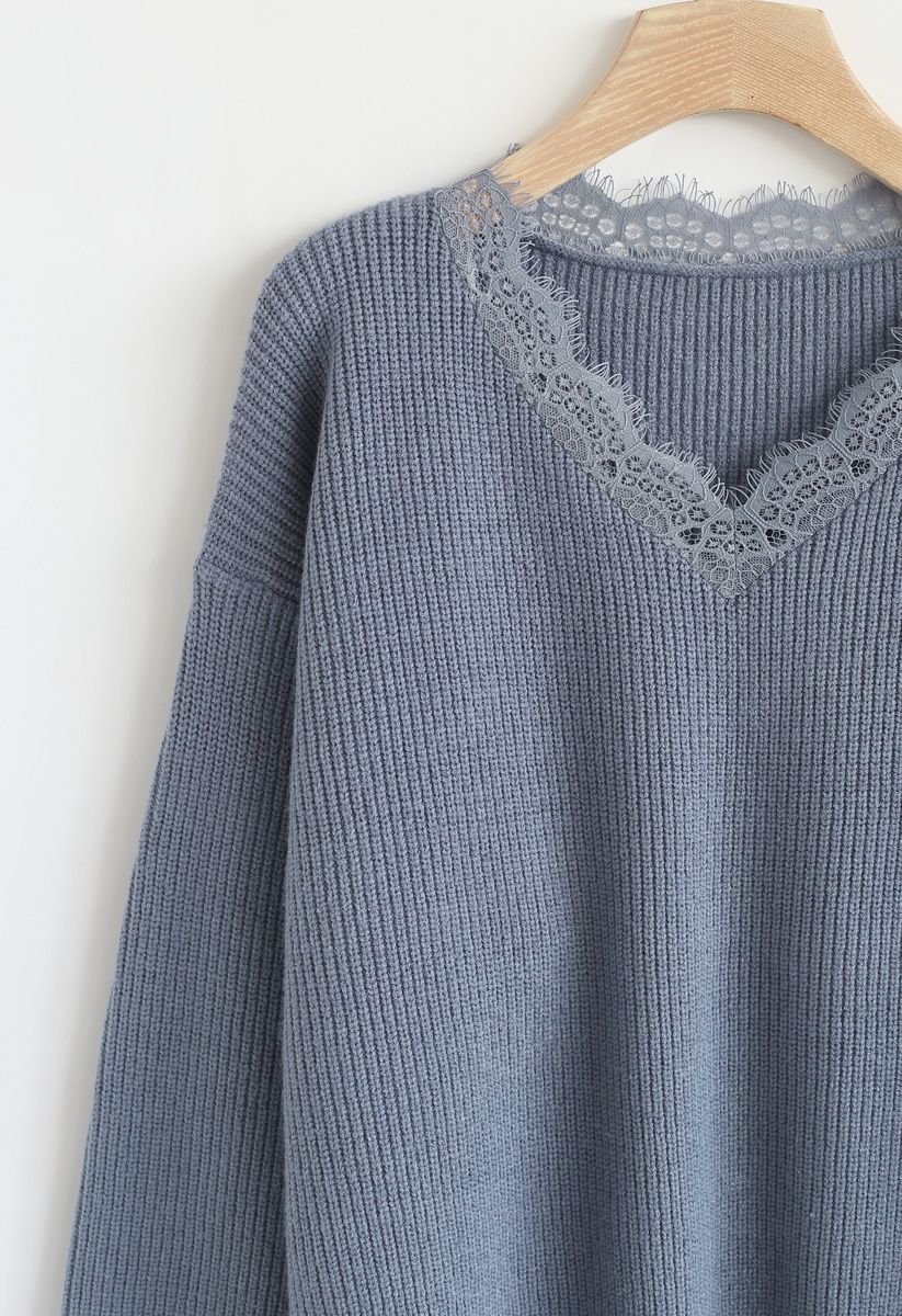 Lacy Neck Ribbed Knit Sweater in Dusty Blue