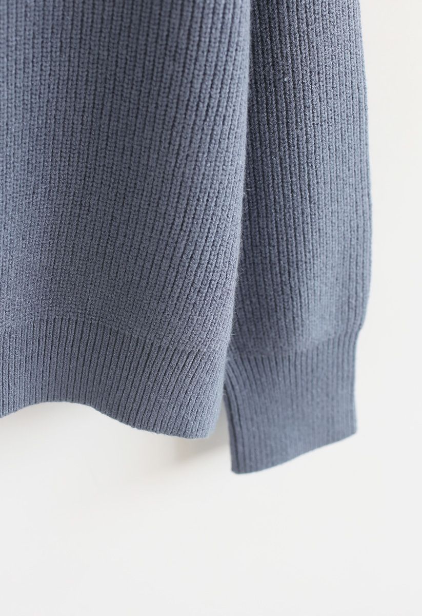 Lacy Neck Ribbed Knit Sweater in Dusty Blue