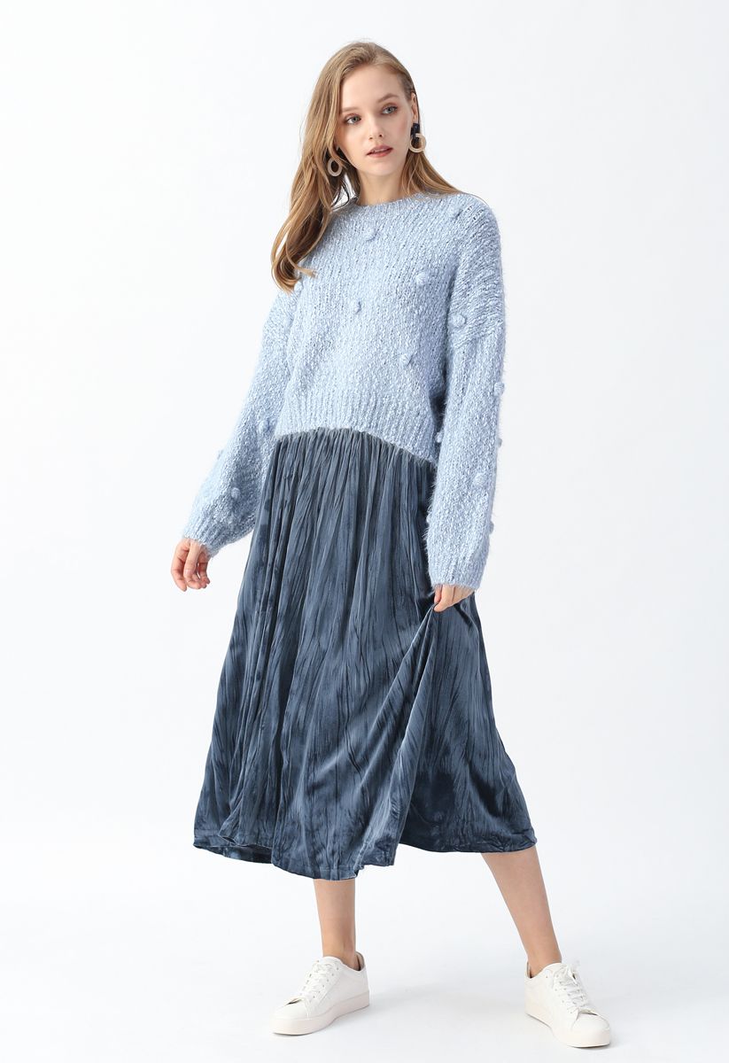 Velvet Pleated Midi Skirt in Dusty Blue