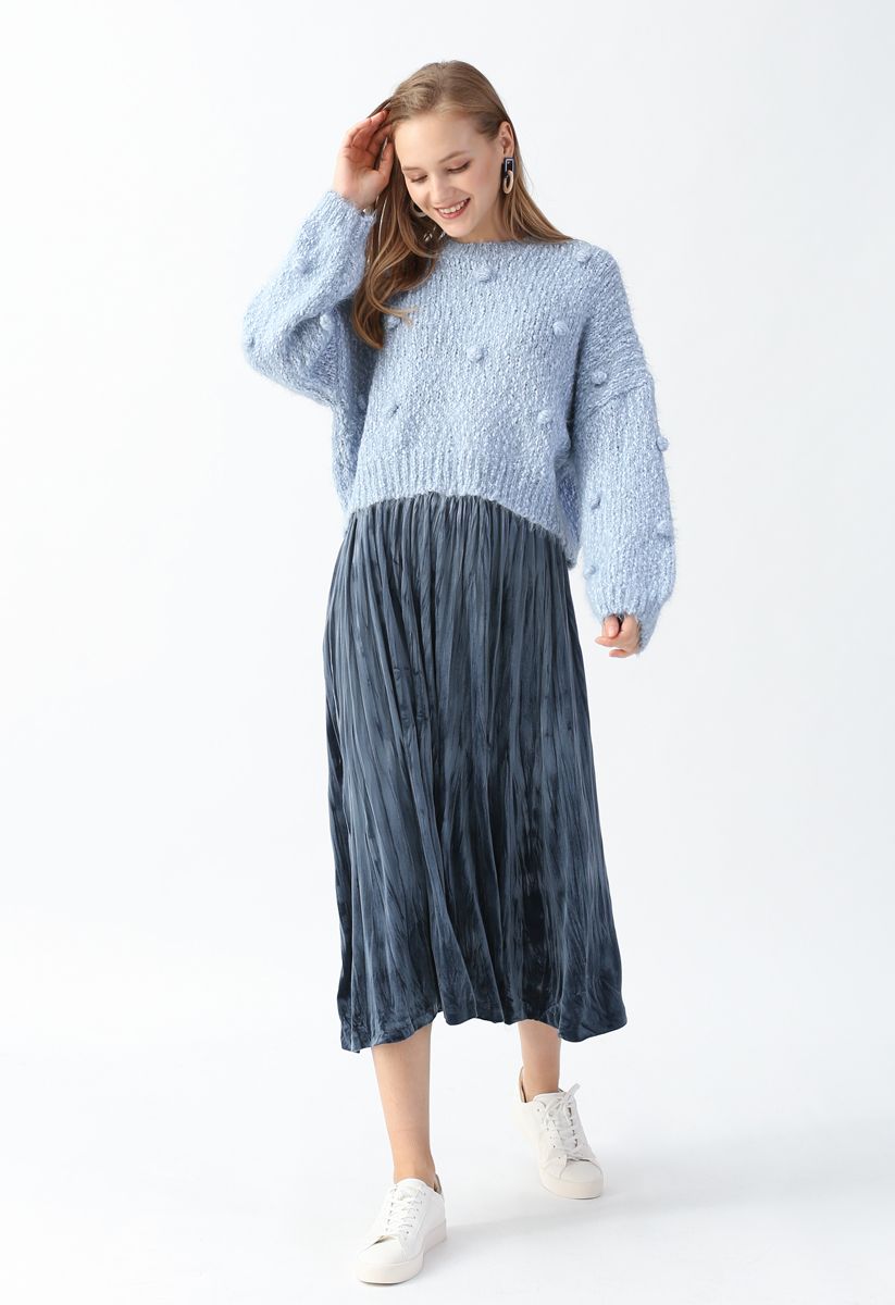 Velvet Pleated Midi Skirt in Dusty Blue