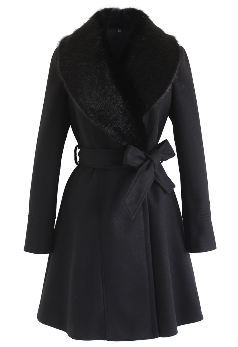 Faux Fur Collar Belted Flare Coat in Black - Retro, Indie and Unique ...