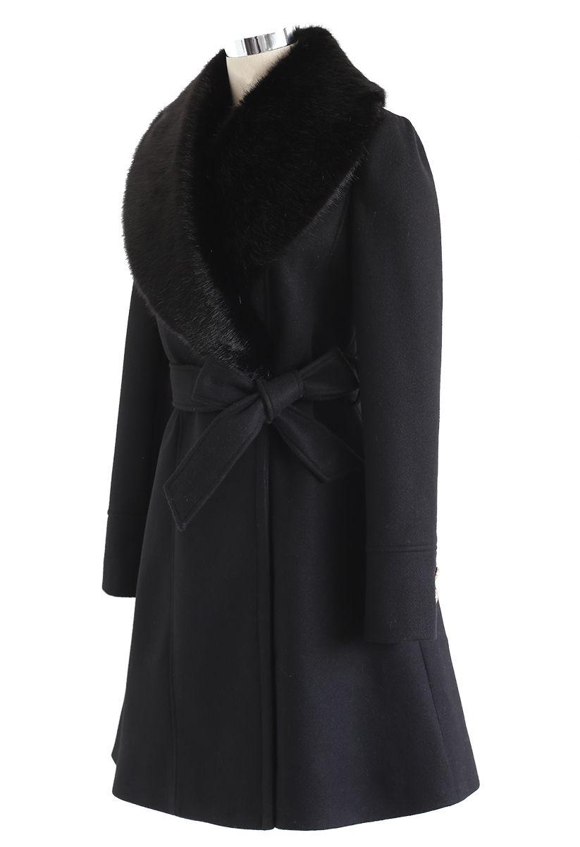 Faux Fur Collar Belted Flare Coat in Black - Retro, Indie and