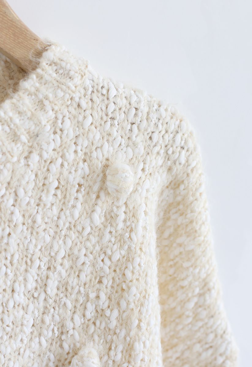 Pom-Pom Decorated Fuzzy Knit Crop Sweater in Cream
