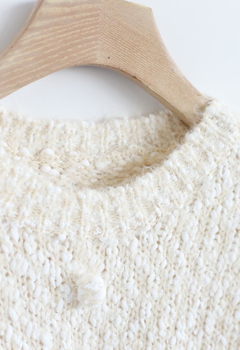 Pom-Pom Decorated Fuzzy Knit Crop Sweater in Cream