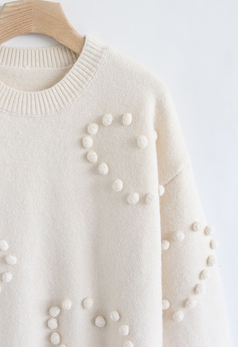 Pom-Pom Embellished Knit Sweater in Ivory