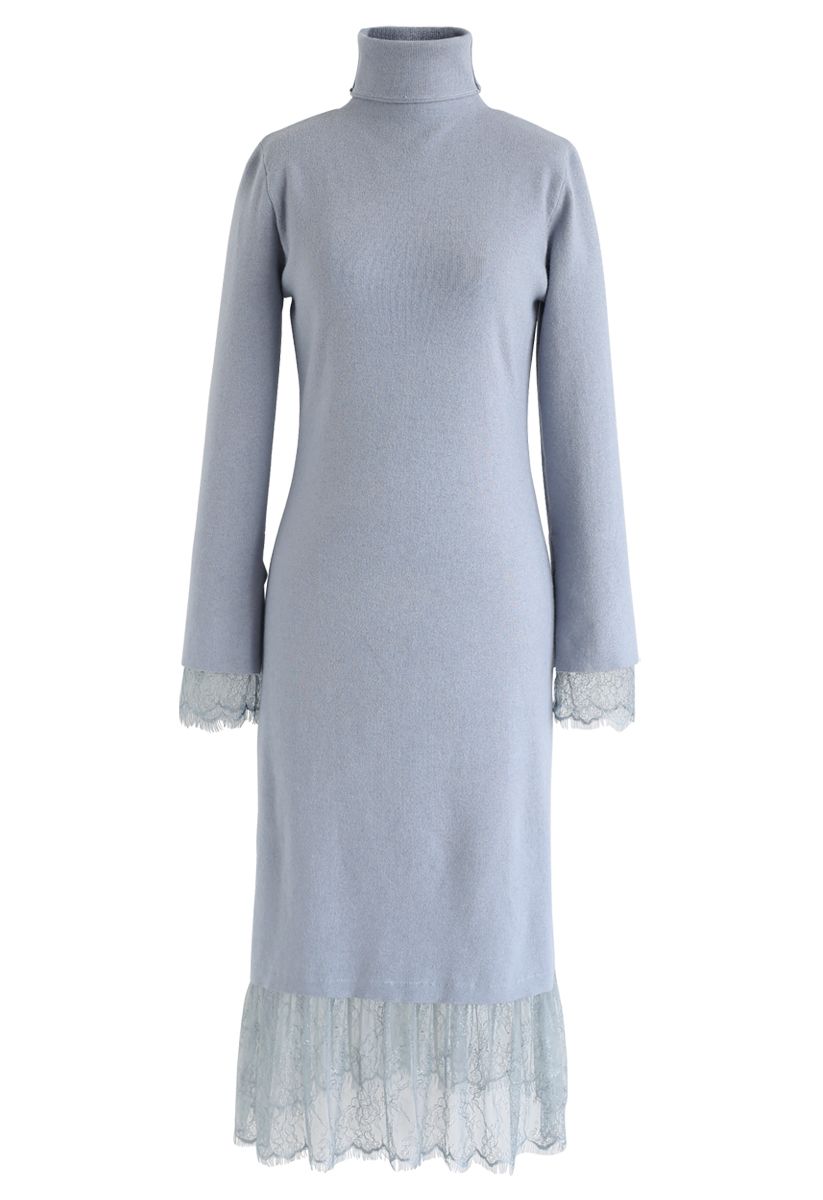 Turtleneck Lacy Knit Dress in Blue