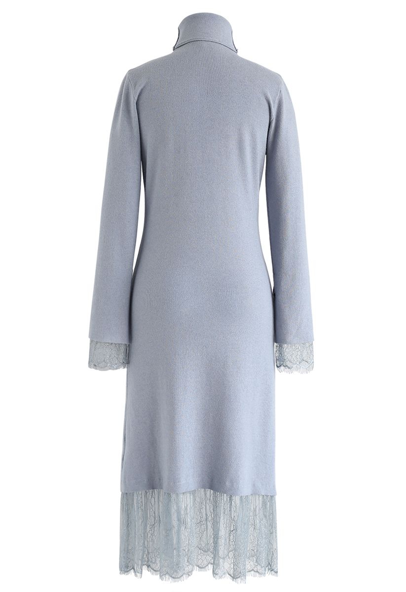 Turtleneck Lacy Knit Dress in Blue