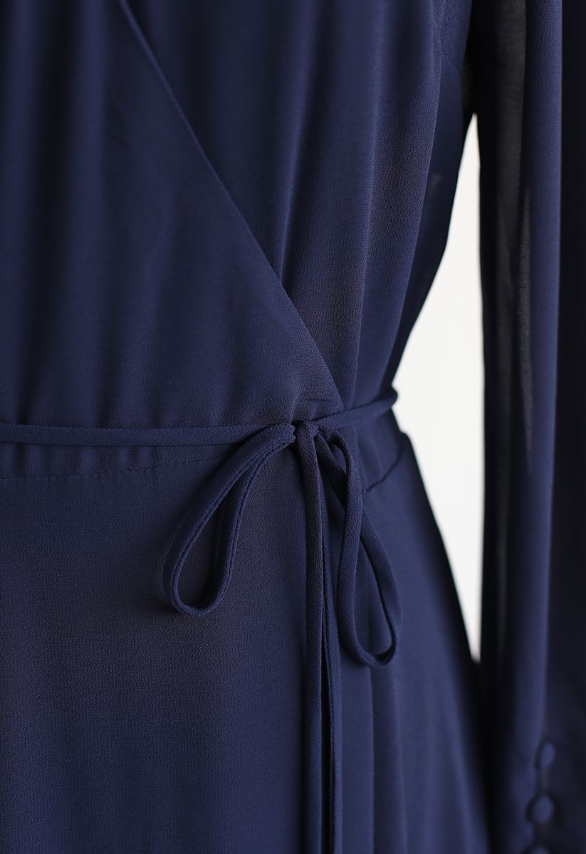 Navy Wrap Chiffon Long Sleeves Maxi Dress