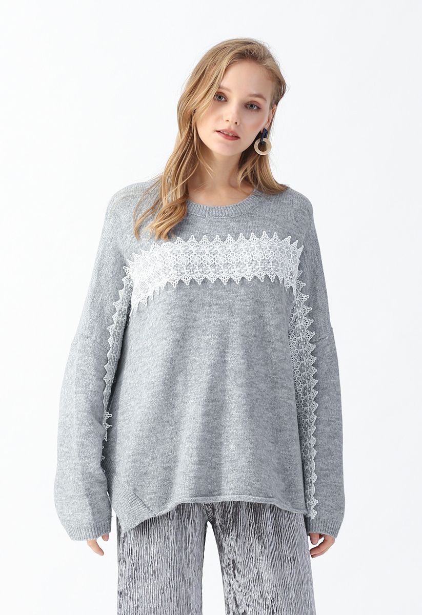 Slit Rolled Hem Crochet Trim Knit Sweater in Grey