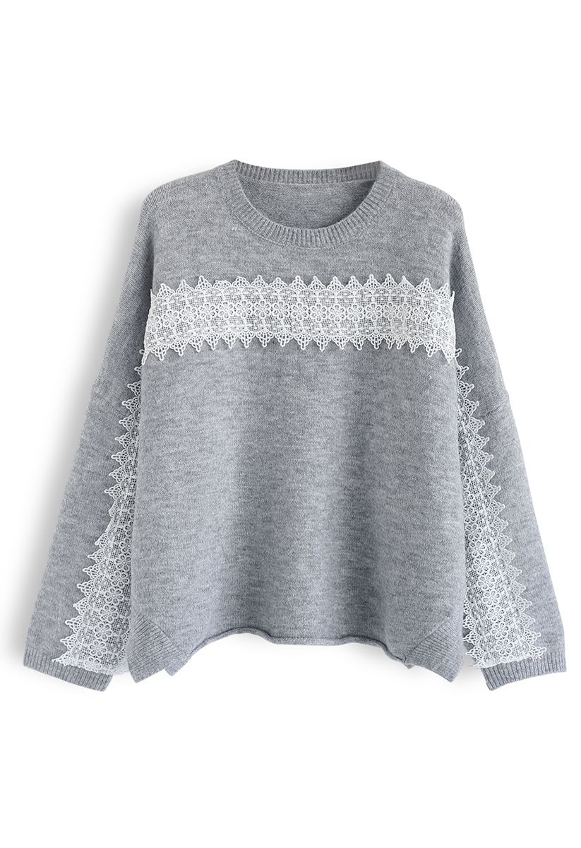 Slit Rolled Hem Crochet Trim Knit Sweater in Grey