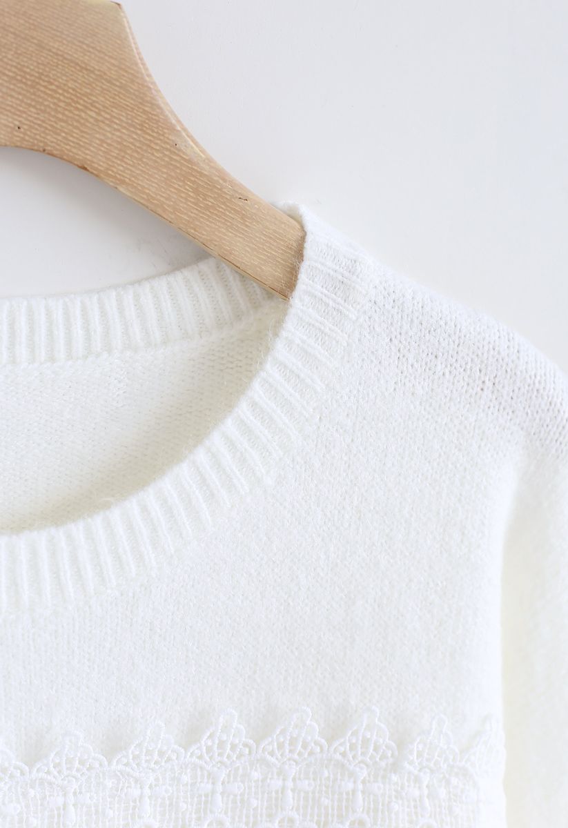 Slit Rolled Hem Crochet Trim Knit Sweater in White