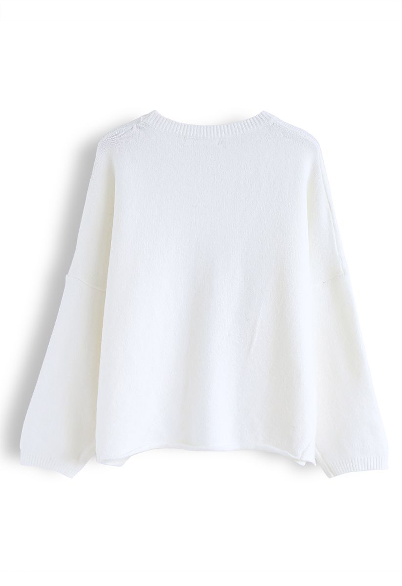Slit Rolled Hem Crochet Trim Knit Sweater in White