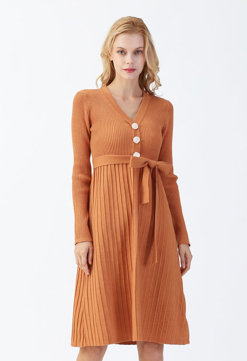 Orange V-Neck Buttoned Pleated Knit Dress