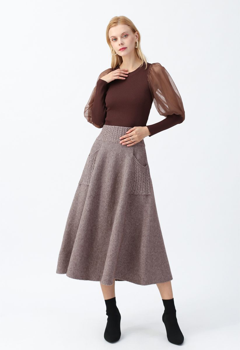 Cable Pockets Knit Midi Skirt in Taupe 