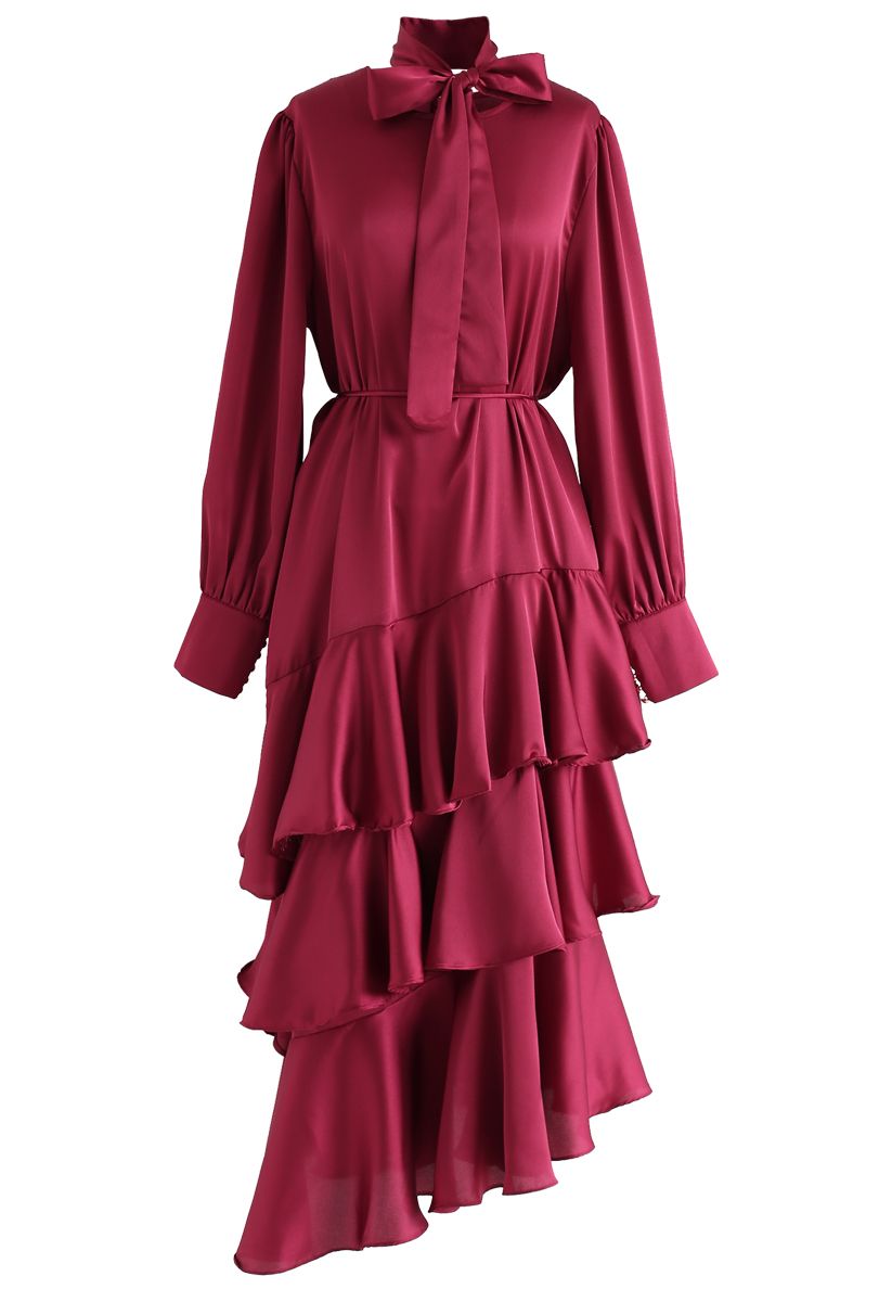 Ruffle Asymmetric Satin Maxi Dress in Red