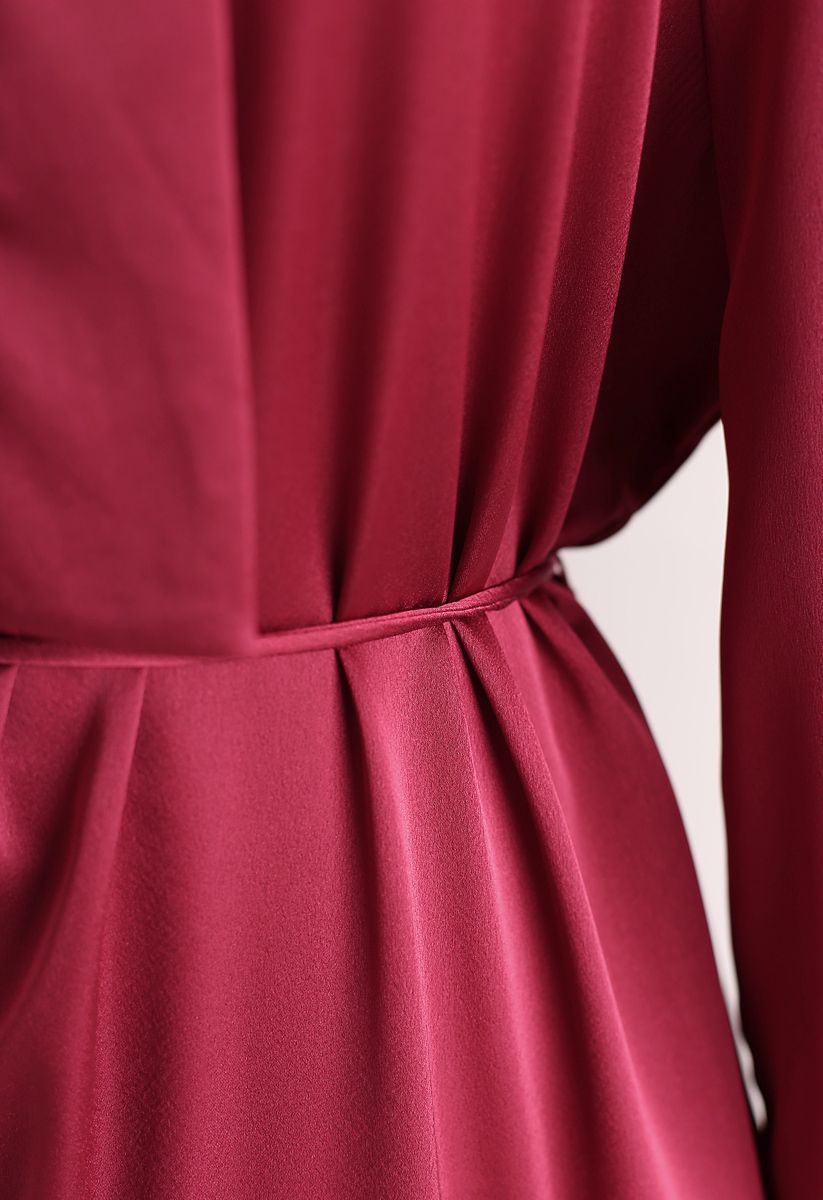 Ruffle Asymmetric Satin Maxi Dress in Red