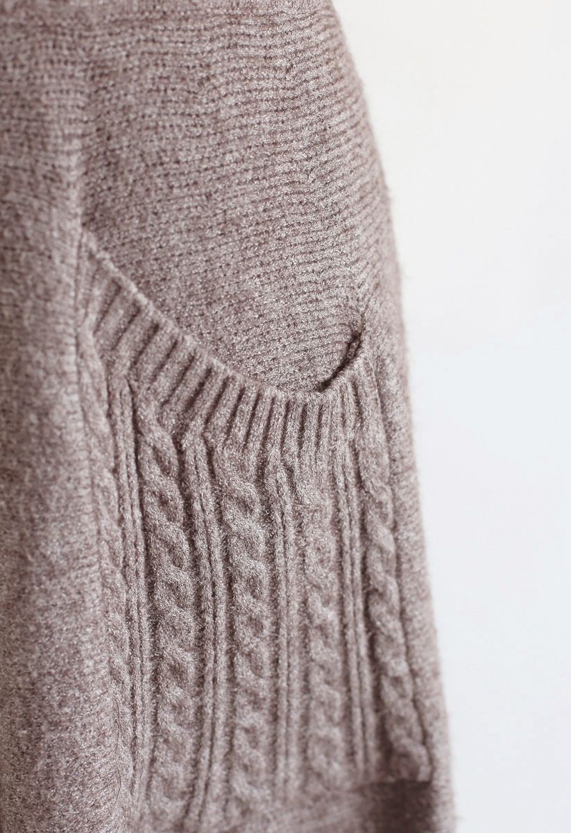 Cable Pockets Knit Midi Skirt in Taupe 