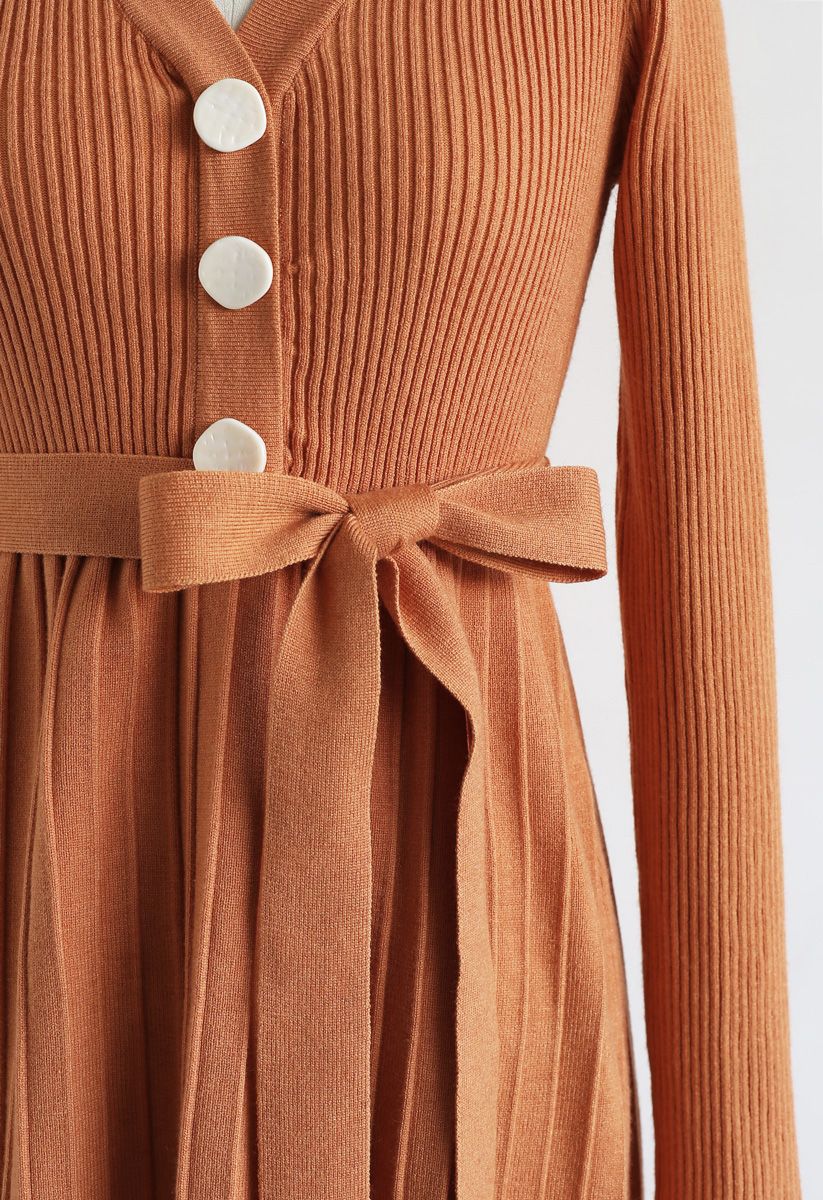 Orange V-Neck Buttoned Pleated Knit Dress