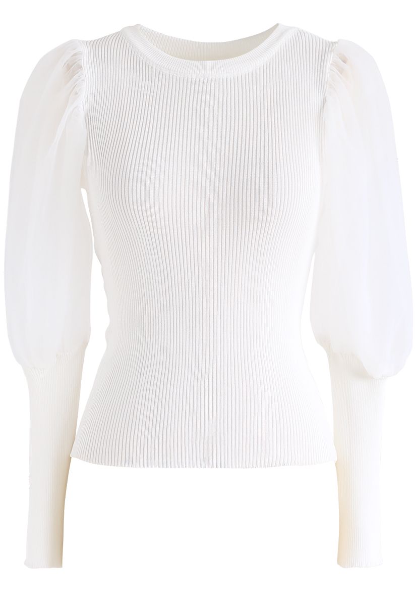 Mesh Bubble-Sleeve Ribbed Knit Top in White