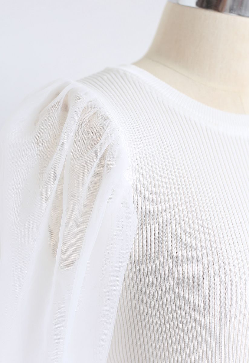 Mesh Bubble-Sleeve Ribbed Knit Top in White