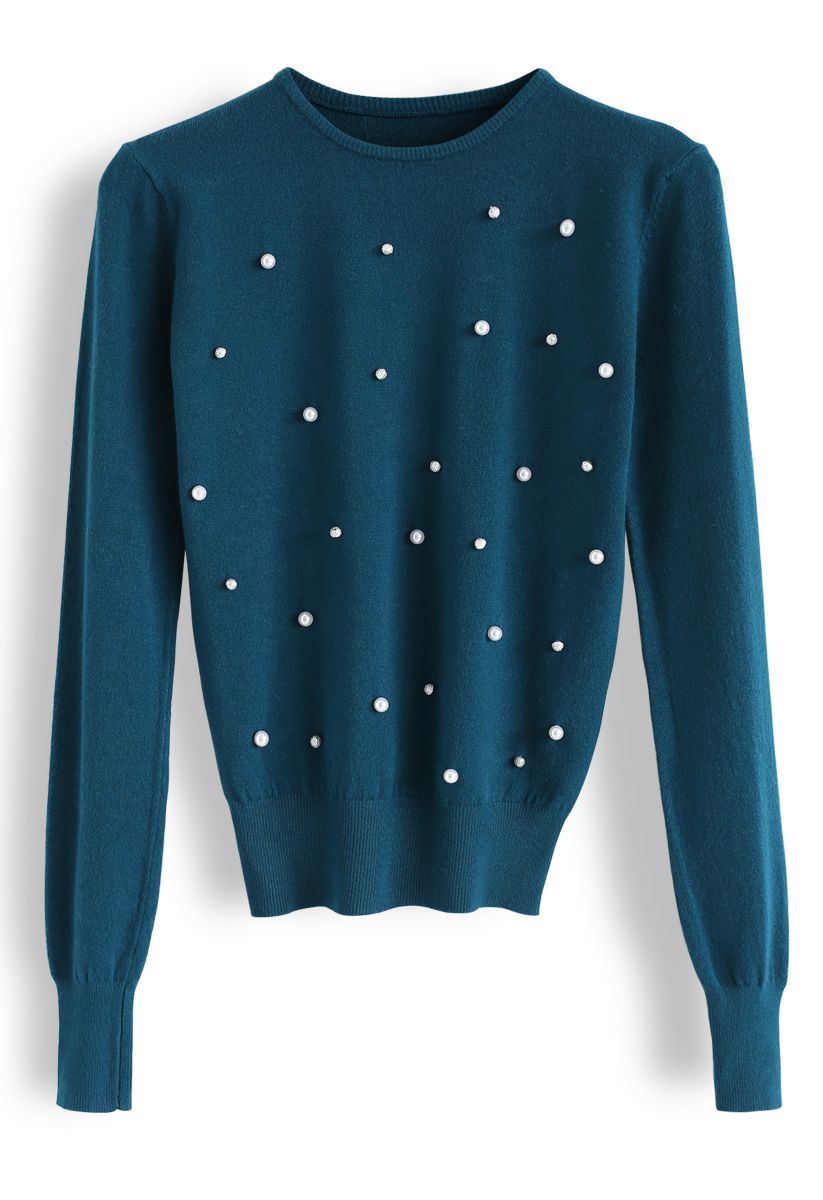 Beads and Pearls Embellished Knit Sweater in Turquoise