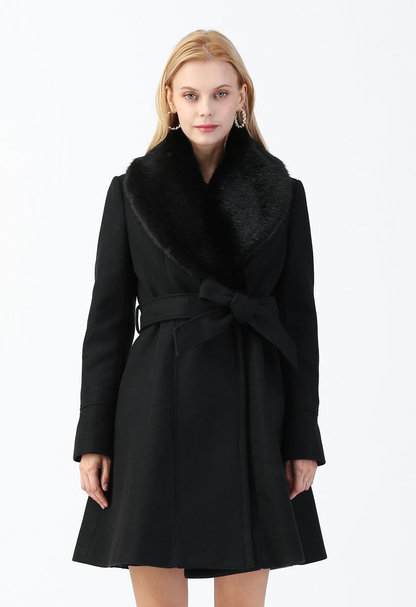 Faux Fur Collar Belted Flare Coat in Black - Retro, Indie and