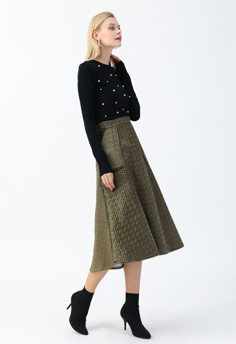 Pockets Quilted Velvet A-Line Midi Skirt in Army Green