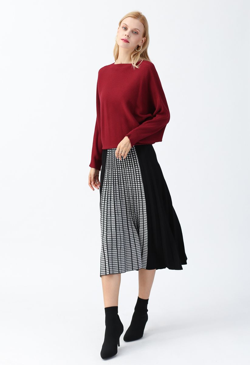 Houndstooth Detail Pleated Knit A-Line Midi Skirt