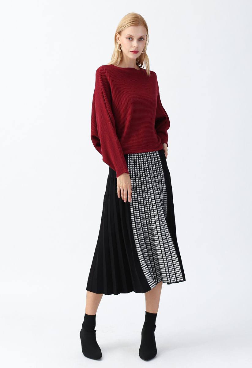 Houndstooth Detail Pleated Knit A-Line Midi Skirt