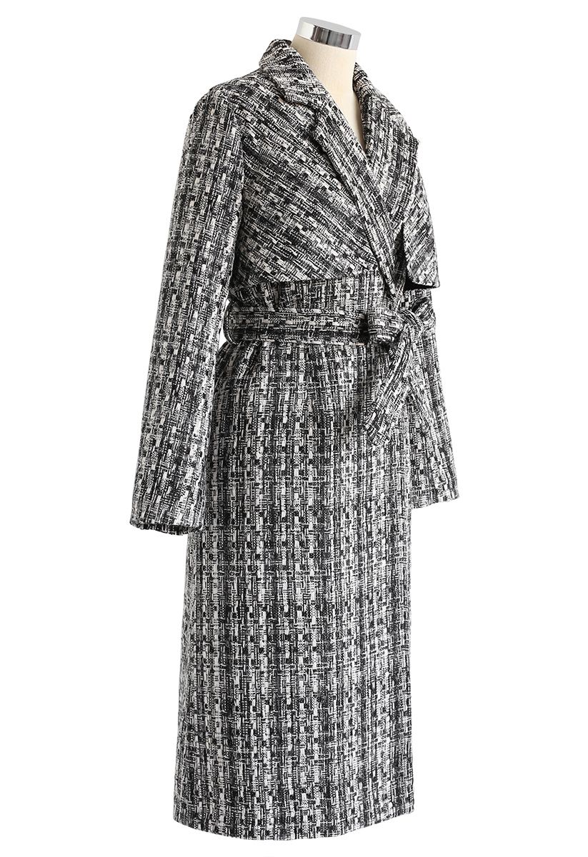 Tweed Buttoned Longline Coat with Belt