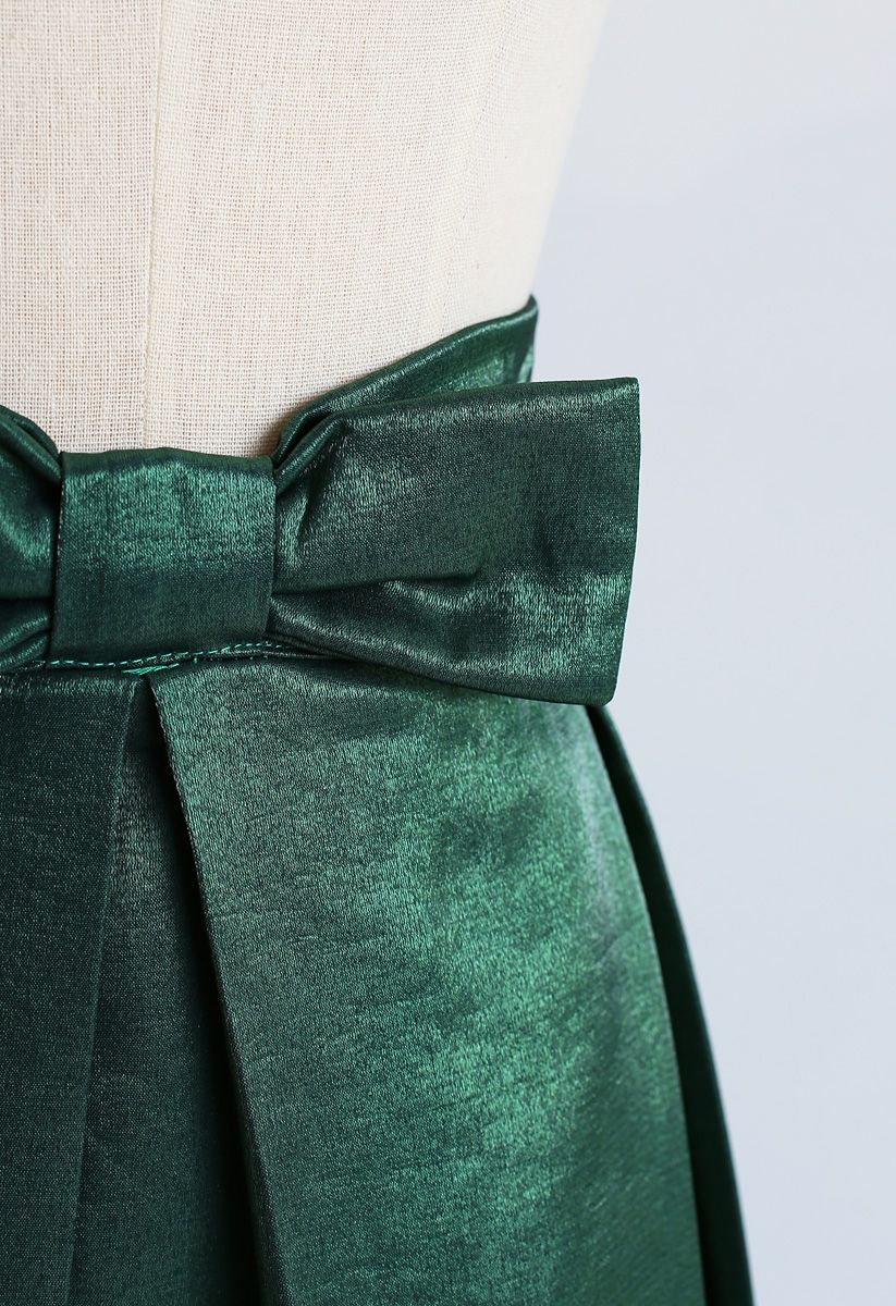 Emerald Satin Bowknot Pleated Midi Skirt