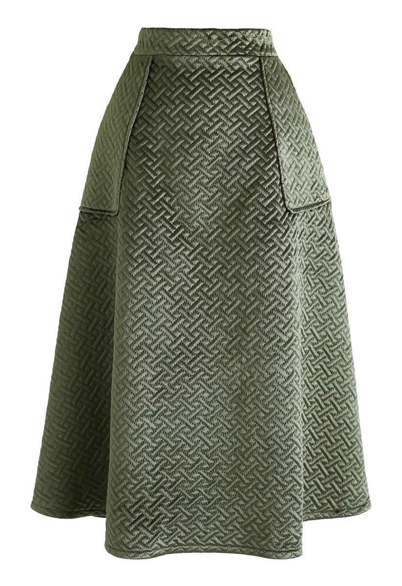 Pockets Quilted Velvet A-Line Midi Skirt in Army Green