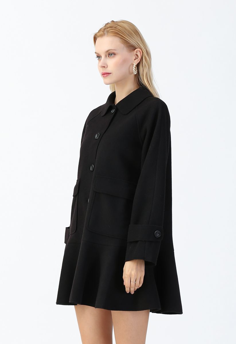 Button Down Pockets Flare Coat Dress in Black