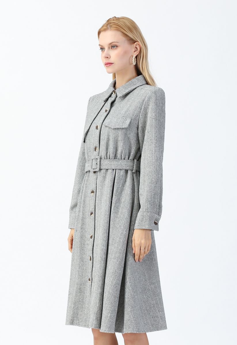 Herringbone Button Down Belted Coat Dress in Grey