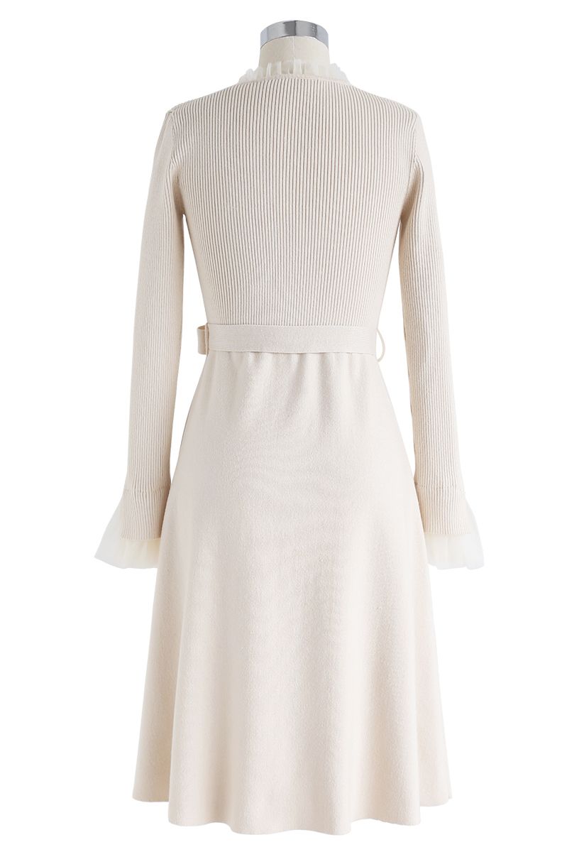 Mesh Inlaid Buttoned Bowknot Knit Dress in Cream