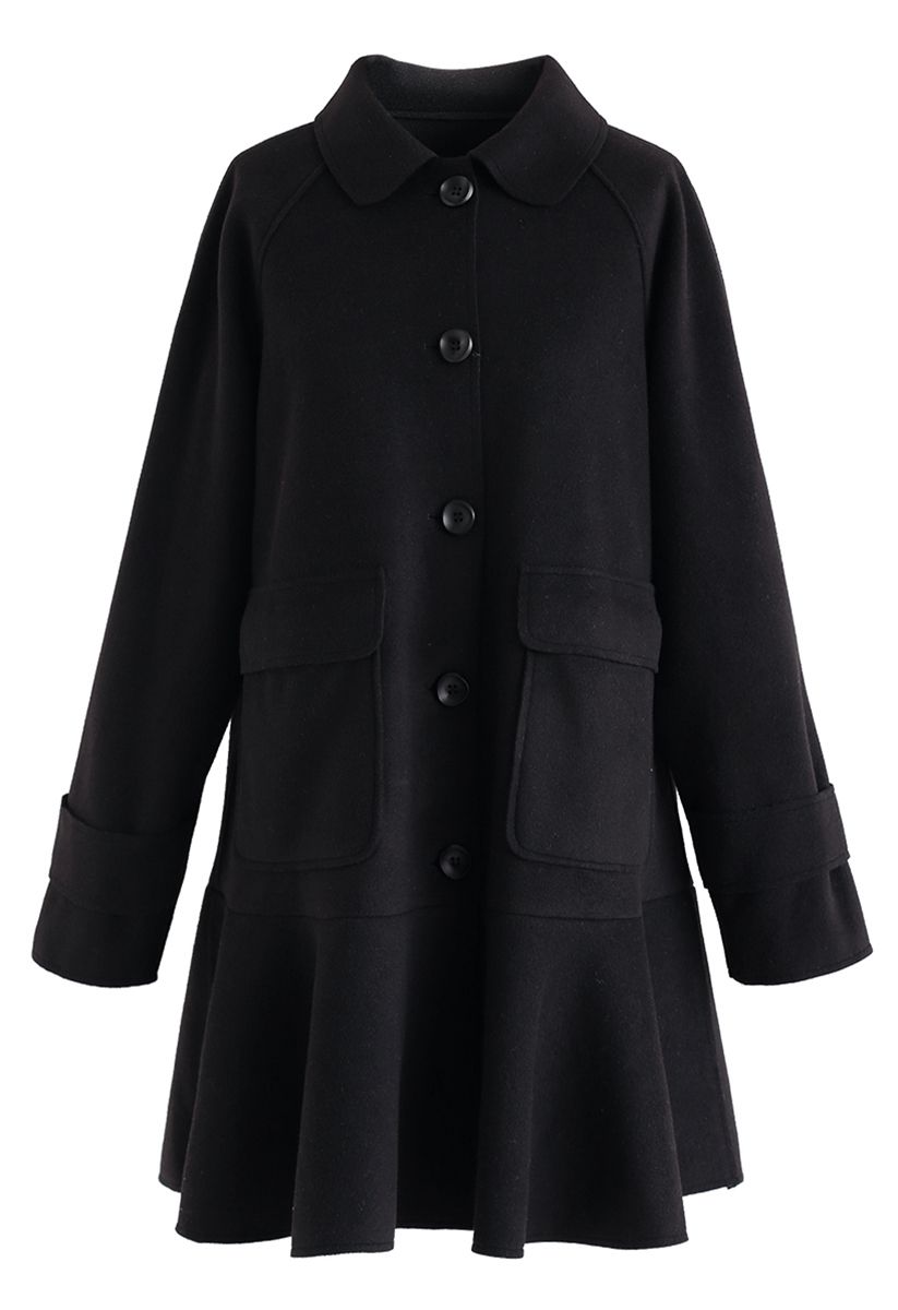 Button Down Pockets Flare Coat Dress in Black