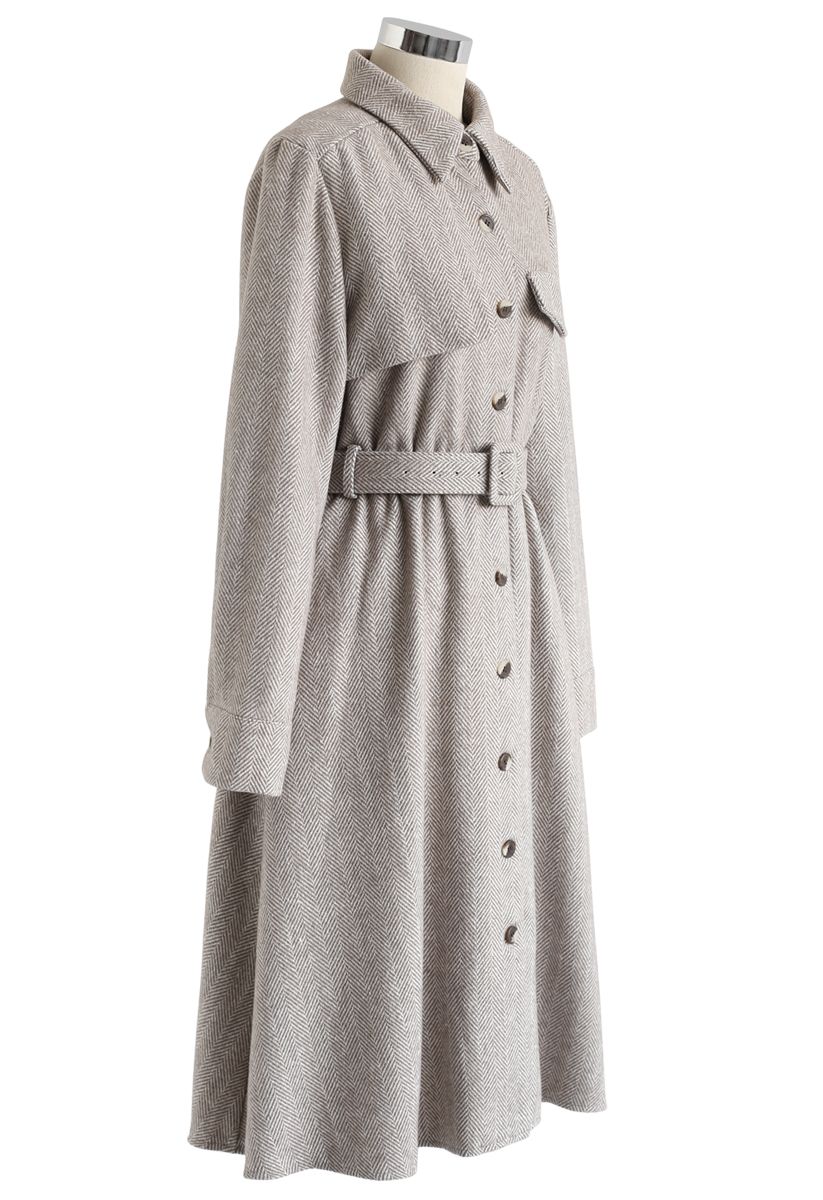 Herringbone Button Down Belted Coat Dress in Sand