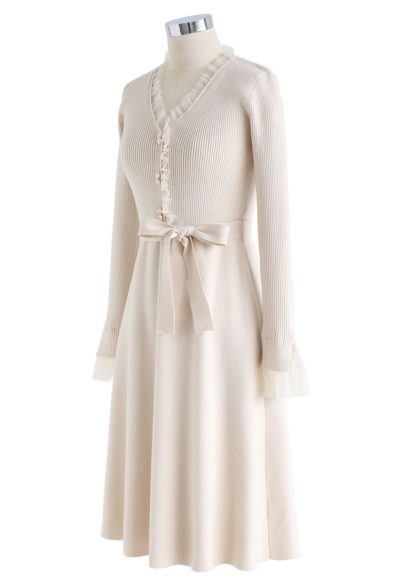 Mesh Inlaid Buttoned Bowknot Knit Dress in Cream