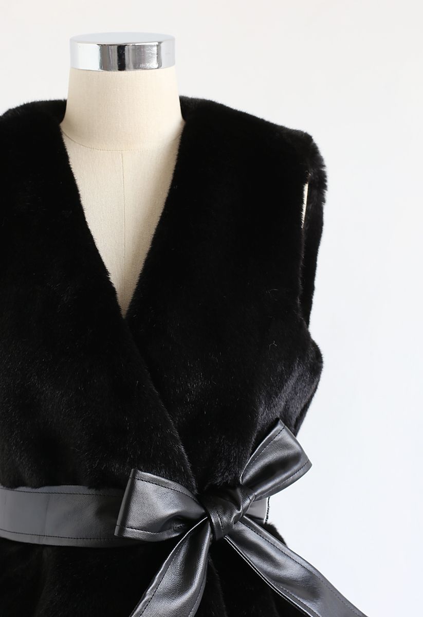 Asymmetric Faux Fur Vest with PU Leather Belt in Black