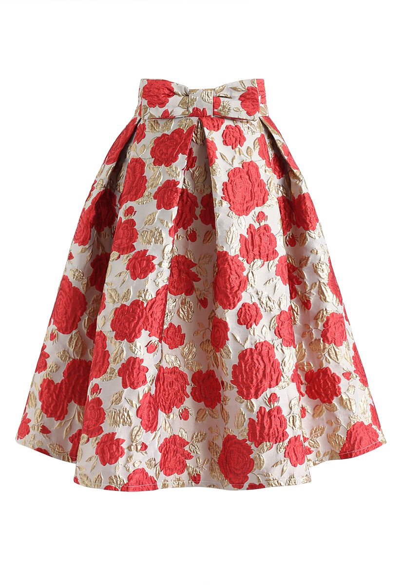 Bowknot Red Floral Jacquard Midi Skirt
