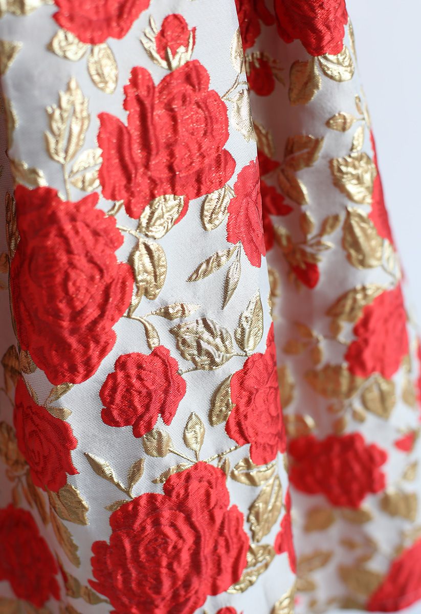 Bowknot Red Floral Jacquard Midi Skirt