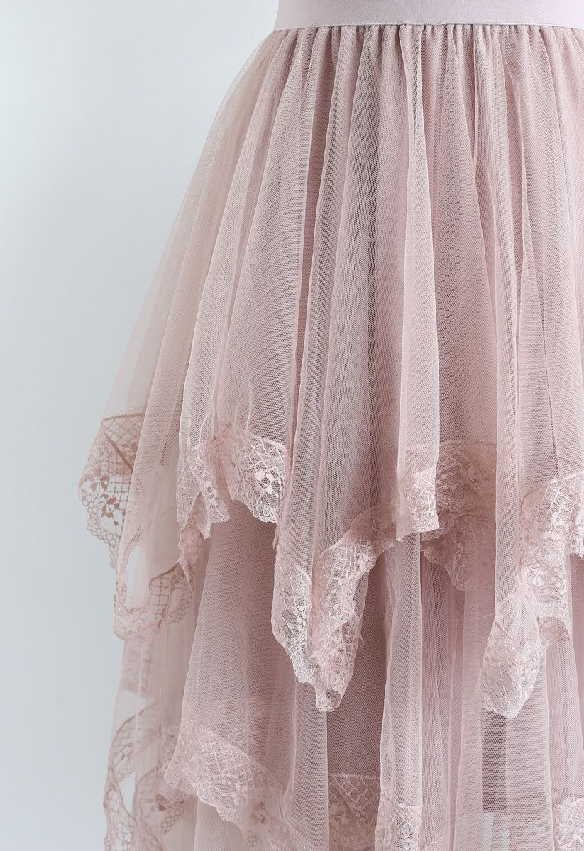 Lace Hem Asymmetric Layered Tulle Skirt in Pink