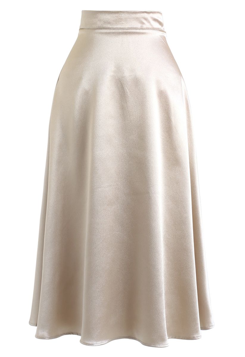 Basic Satin A-Line Midi Skirt in Gold